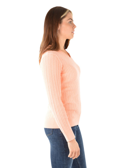 T3W2500179 Wmns Cable V Neck Knit Jumper | Peach