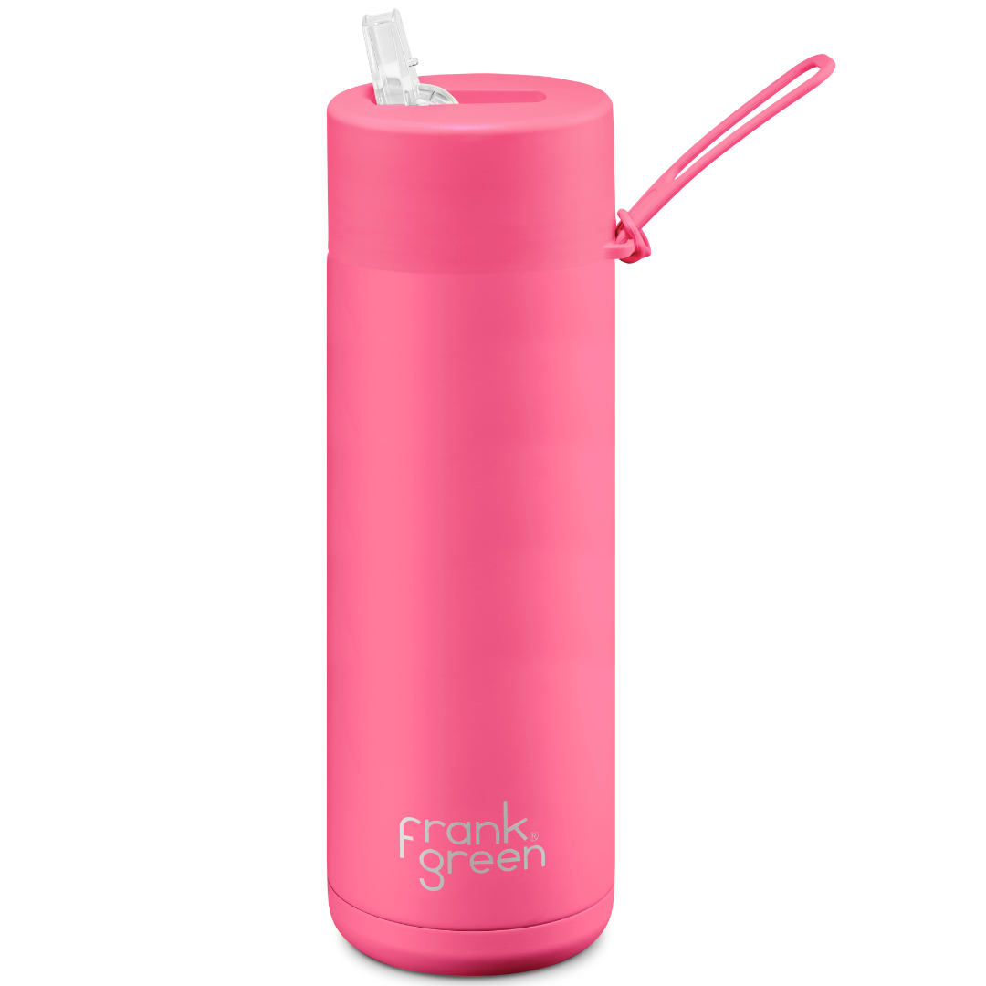 9NPR4S6 20oz Stainless Steel Ceramic Reusable Bottle with Straw Lid | Neon Pink