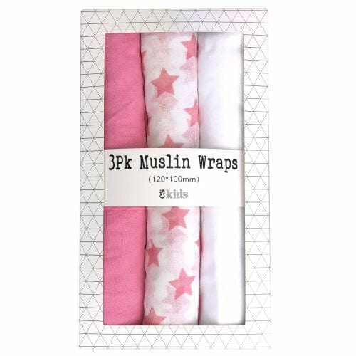 ES KIDS BABY 3 Pkt Boxed Muslin Wraps | Star Pink