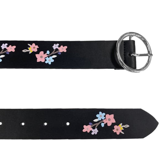 SB1122 Harper Girls Leather Flower Belt with Siver Buckle | Black