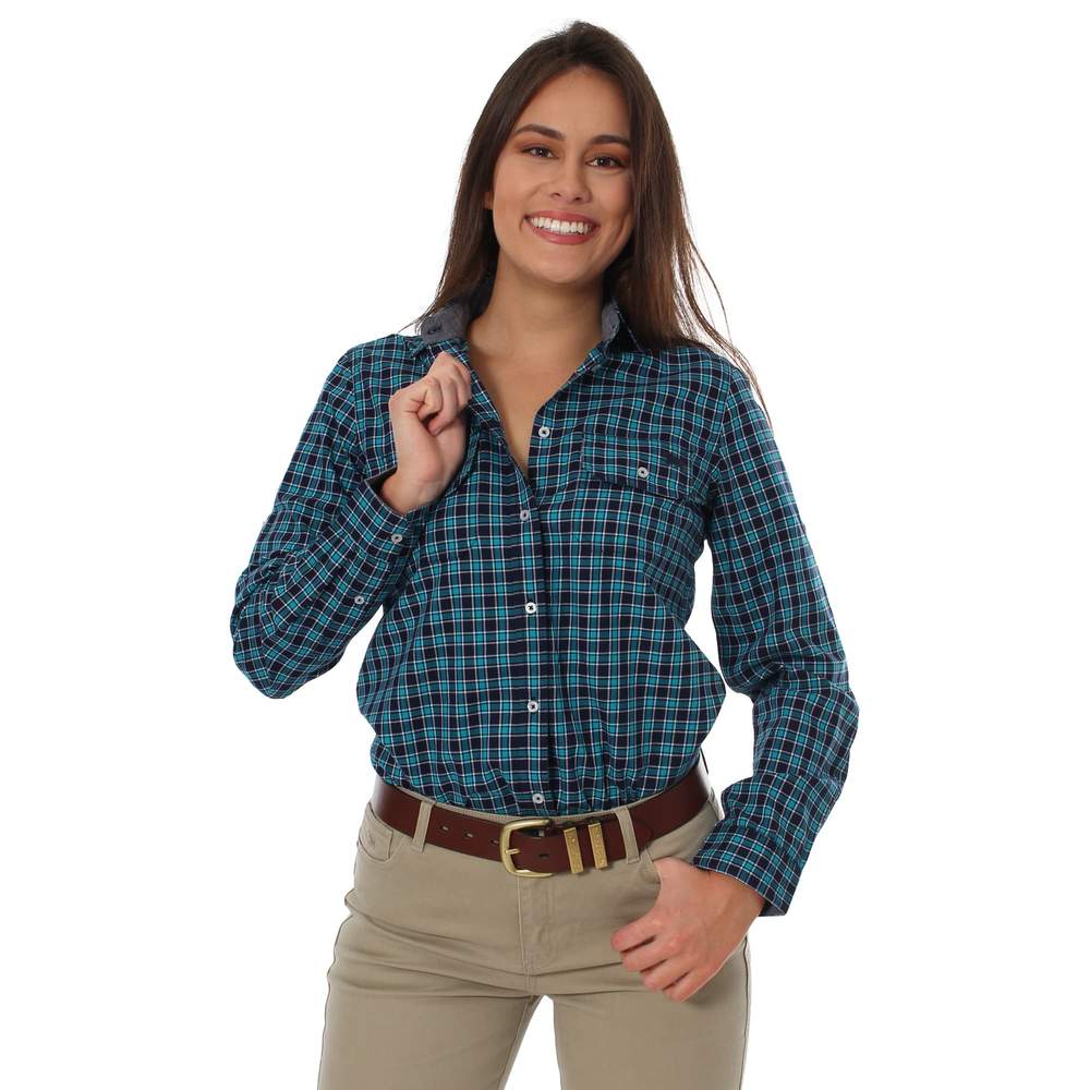 RINGERS WESTERN SHIRT 218109066 Hargrave Womens Union Check Dress Shirt | Navy/Turquoise