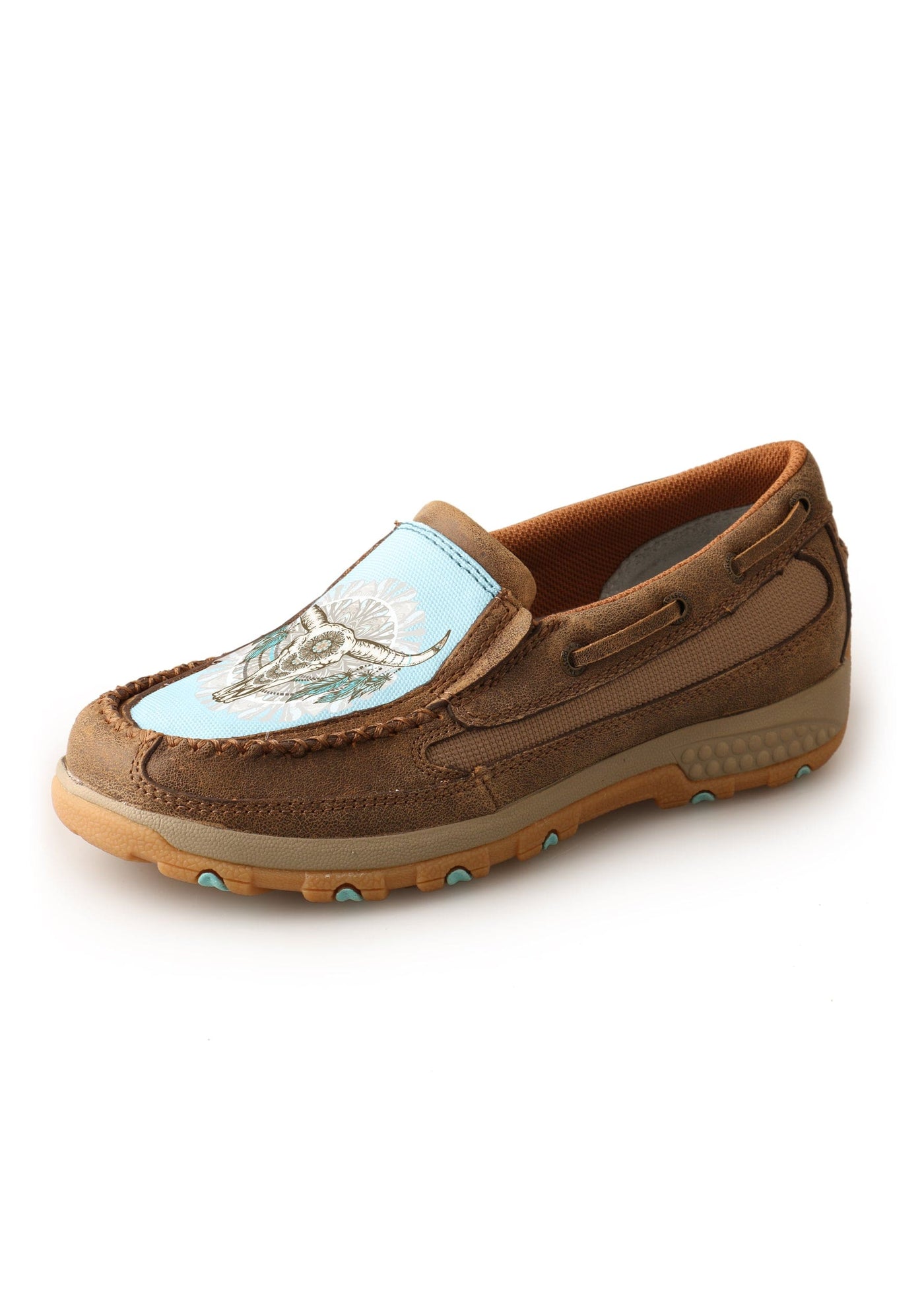 TWISTED X MOCS TCWXC0009 Women’s Feather Skull Cellstretch Slip On | Bomber / Pale Blue
